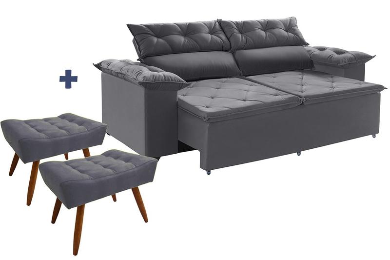 Imagem de Conjunto sofá Compact 200 cm Molas Espirais retrátil reclinável com 2 Puffs Cinza Ws Estofados
