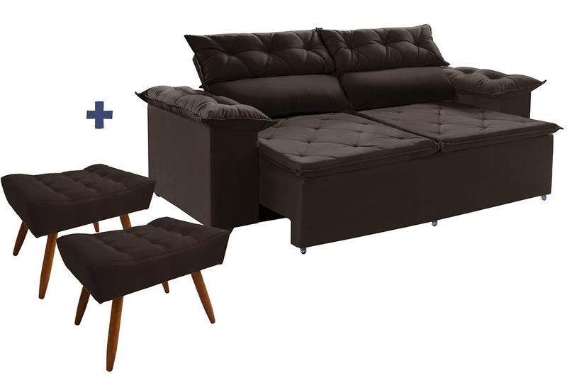 Imagem de Conjunto sofá Compact 200 cm Molas Espirais retrátil reclinável com 2 Puffs Marrom Ws Estofados