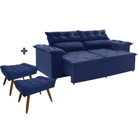 Imagem de Conjunto Sofá Compact 200 cm retrátil e reclinável com Molas Espirais e 2 Puffs Suede Azul - Sofá na Web
