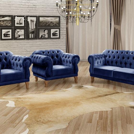 Imagem de Conjunto Sofá Duquesa Chesterfield 2 Lugares e 2 Poltronas Azul Marinho