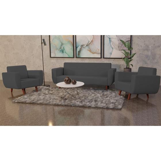 Conjunto Sofá Ravena 3 Lugares + 2 Poltronas Ravena Linho Grafite Menor preço em Conjunto Sofá Ravena 3 Lugares + 2 Poltronas Ravena Linho Grafite