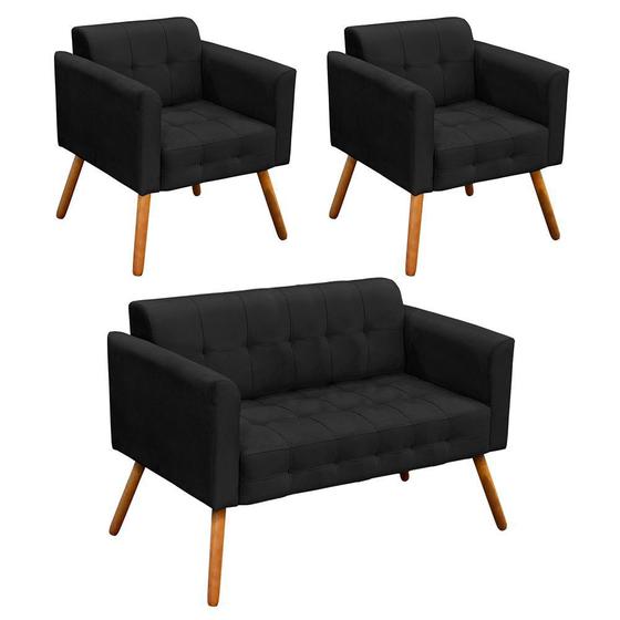 Conjunto Sofá Retrô 2 Lugares e 02 Poltronas Elisa Suede Preto - D'Rossi Menor preço em Conjunto Sofá Retrô 2 Lugares e 02 Poltronas Elisa Suede Preto - D'Rossi