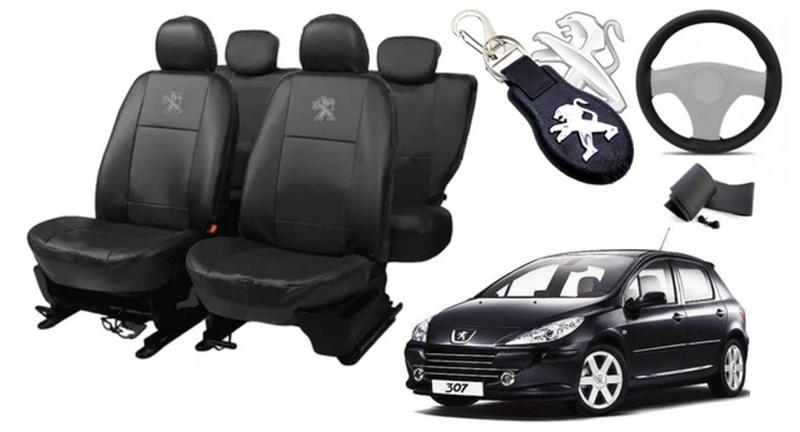Imagem de Conjunto Sofisticado: Capas de Couro para Bancos Peugeot 307 2002-2012 + Capa de Volante + Chaveiro