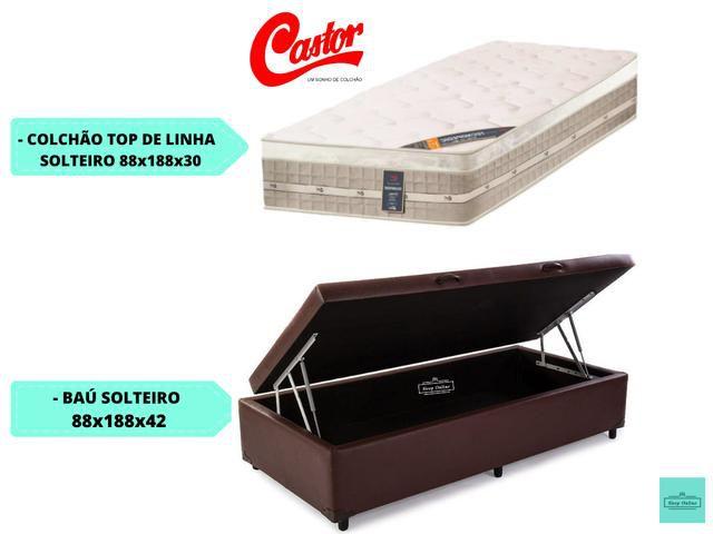 Imagem de Conjunto Solteiro c/ Colchão Castor Molas Premium Tecnopedic  + Cama Box Baú Jadmax 88x188x72