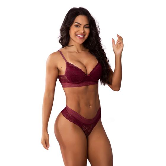 Imagem de Conjunto Sutiã Bojo e Calcinha Renda Com Elástico na Cintura Sensual Elegante Lingerie Feminina