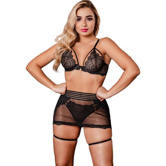 Imagem de Conjunto Sutiã Sem Bojo Com Aro em Renda Calcinha Fio Dental Cinta Liga Strappy e Saia Sensual Sexy Preto