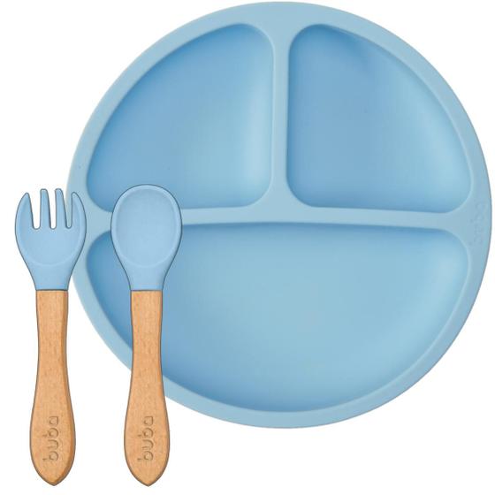 Imagem de Conjunto Talher Bambu Pratinho Silicone Ventosa Alimentação Bebe Introdução Alimentar