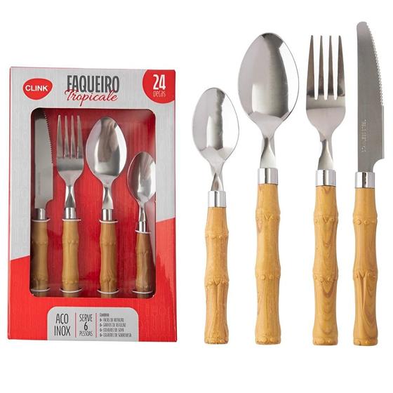 Conjunto Talher Faqueiro Inox Cabo Bambu Plastico 24 Peças - CLINK Imagem de Conjunto Talher Faqueiro Inox Cabo Bambu Plastico 24 Peças