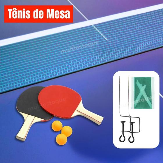 Imagem de Conjunto Tênis de Mesa Ping-Pong com 2 Raquetes de Madeira e Borracha, 3 Bolas e Rede com Suporte Brinquedo Completo