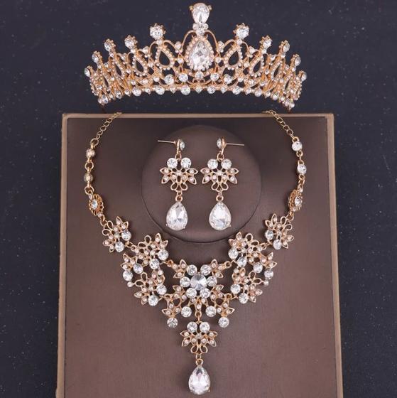 Imagem de Conjunto tiara de noivas com colar e brincos cor dourado 