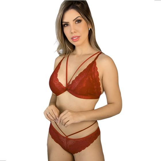 Imagem de Conjunto Tirinhas Sutiã Sem Bojo Sem Aro Com Strappy Bra Calcinha Fio De Renda