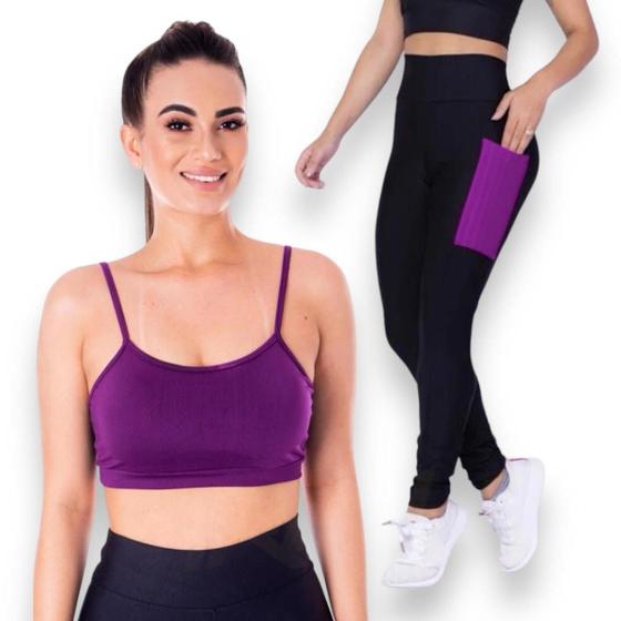 Imagem de Conjunto Top fitness ALÇA FINA bojo Feminino + CALÇA leg LEGGING BOLSOS Academia Corrida 626