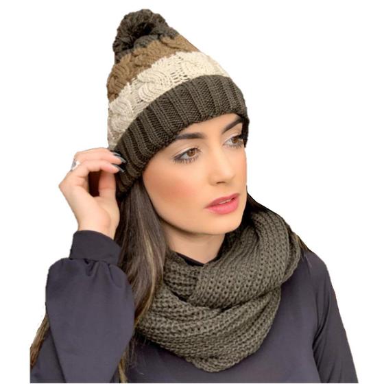 Imagem de Conjunto Touca Pompom Listrada Com Cachecol Gola Lã Macio Quentinho