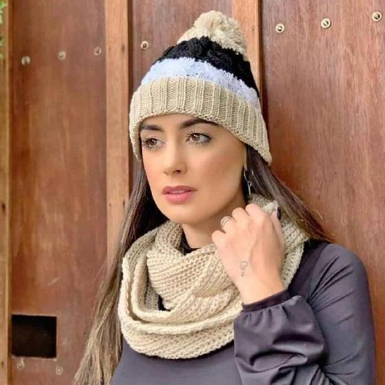 Imagem de Conjunto Touca Pompom Listrada Com Cachecol Gola Lã Macio Quentinho