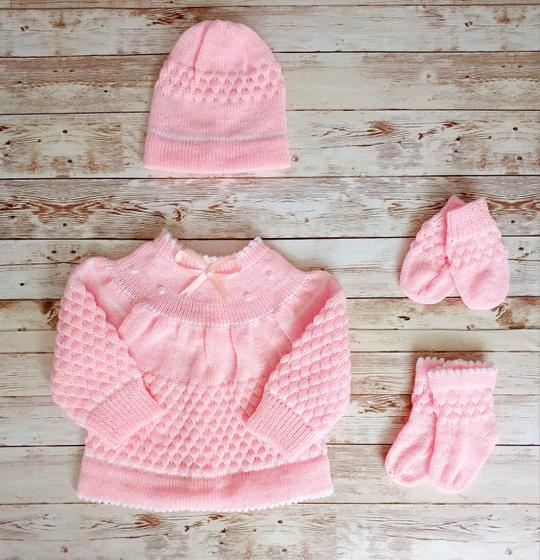 Imagem de Conjunto Tricô De Bebê Casaco Pérola Simples Gorro Luva E Meia