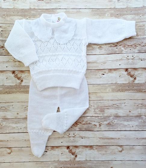 Imagem de Conjunto Tricô Lã Bebê Agasalho Branco Batizado Inverno Luxo