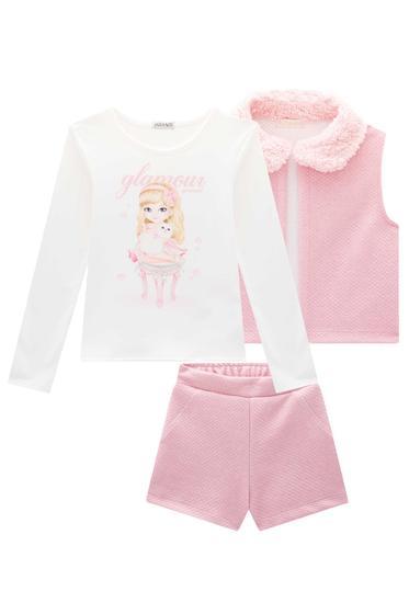 Imagem de Conjunto Trio Infantil Blusa em Cotton Glamour em Molevisco Shorts e Colete em Jacquard Matelasse - Infanti