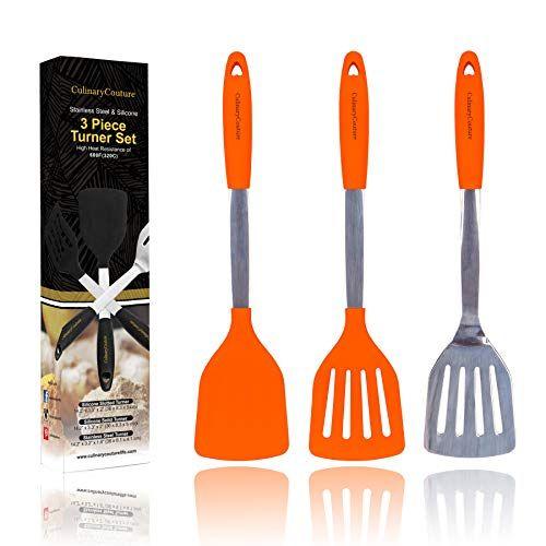 Imagem de Conjunto Turner de Espátula de Silicone Laranja  Aço Inoxidável e Utensílios de Cozinha Resistentes ao Calor de Silicone  608F  Ferramentas de Espátula de Grelha para churrasco - Nadadora de Ovo e Panqueca  Caixa de Presente e Receita Bô