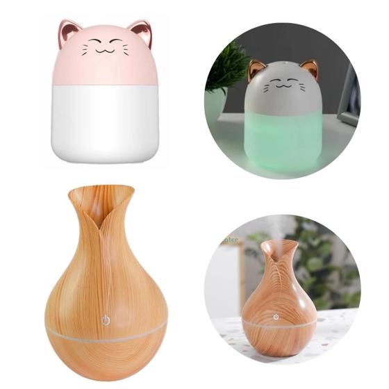 Imagem de Conjunto Umidificador Aromatizador Difusor Ambiente Elétrico USB Ultrassônico Óleos Essenciais Tulipa e Gatinho