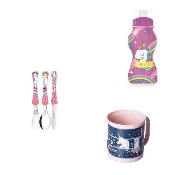 Imagem de Conjunto Unicornio  faqueiro, garrafinha e caneca divertida