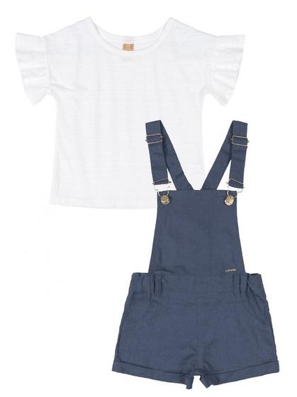 Imagem de Conjunto Up Baby Jardineira Tecido Jeans e Blusa Flame Branco