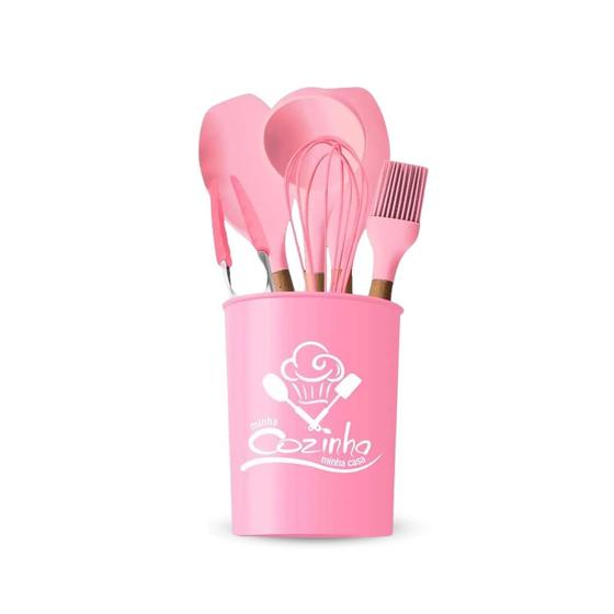 Imagem de Conjunto Utensílios Cozinha Silicone Porta Talheres 7 Pçs Rosa