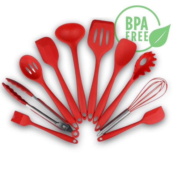 Imagem de Conjunto Utensílios Profissional 10 Peças Cozinha Silicone VERMELHO Talher escumadeira concha colher