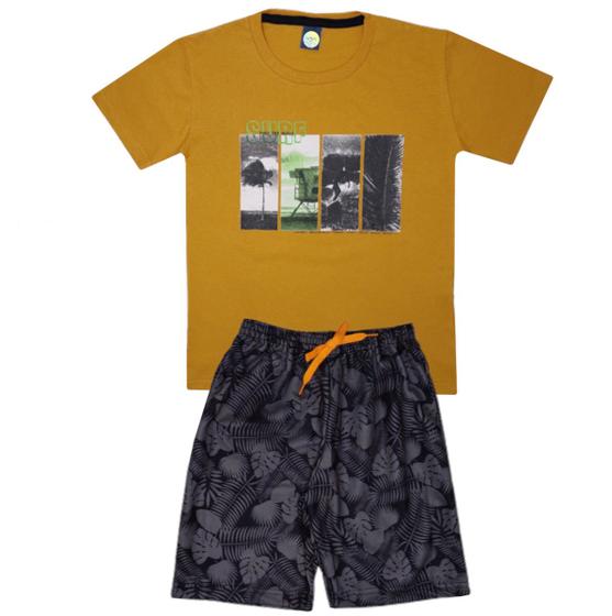 Imagem de Conjunto Verão Infantil Juvenil Masculino Camiseta reforço na gola e Bermuda Moletinho cadarço Roupa Menino Tamanhos 10 12 14 16