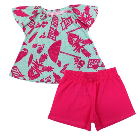 Imagem de Conjunto Verão Kyly Menina Bata Ciganinha Verde com Short Pink