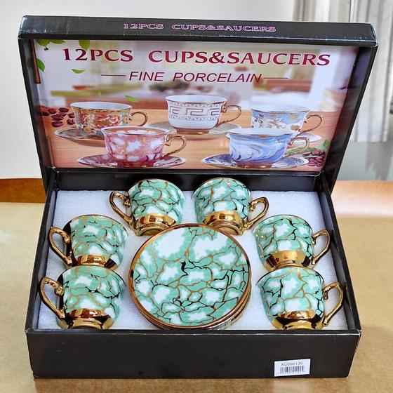 Imagem de Conjunto Xícara de Café Ouro 12 Peças Porcelana Chinesa Cafezinho Expresso Para Presente