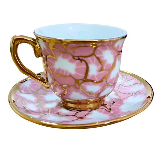 Imagem de Conjunto Xícara de Café Ouro 6 xicaras 6 pires  Porcelana Chinesa Cafezinho Expresso Para Presente