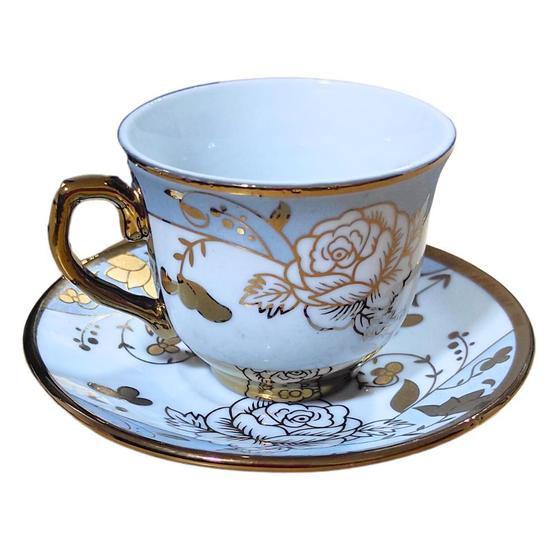 Imagem de Conjunto Xícara de Café Ouro 6 xicaras 6 pires  Porcelana Chinesa Cafezinho Expresso Para Presente