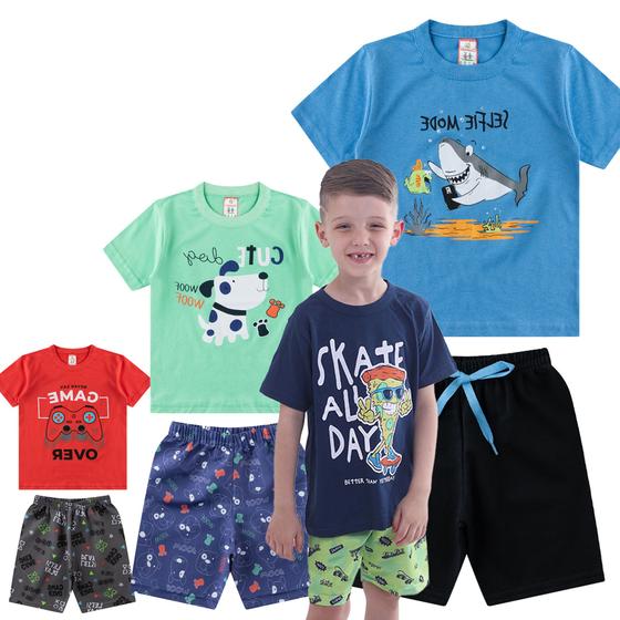 Imagem de Conjuntos Infantil de Crianças Menino Kit Com 4 Camisetas e 4 Bermudas Shorts
