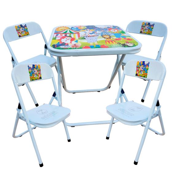 Imagem de Conjutno Mesa Mesinha Infantil e 4 Cadeiras Dobrável Até 40 Kg Branco Estampa Circo