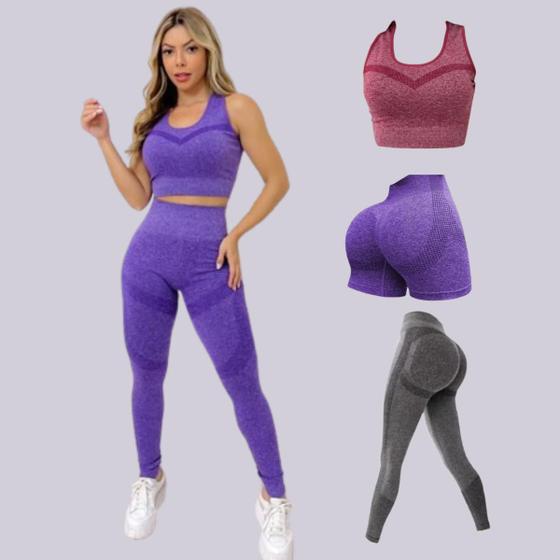 Imagem de Conjuto 3 Pçs Roupa Academia Calça Leg Top Shorts Fitness