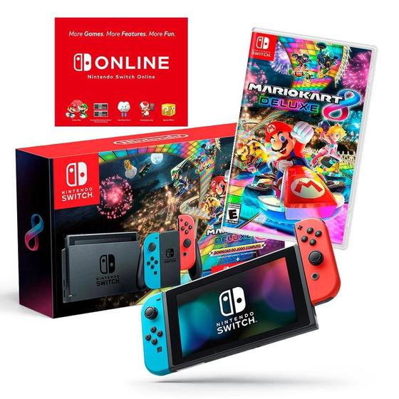 Console Nintendo Switch Neon + Mario Kart 8 + 3 Meses Switch online Menor preço em Console Nintendo Switch Neon + Mario Kart 8 + 3 Meses Switch online