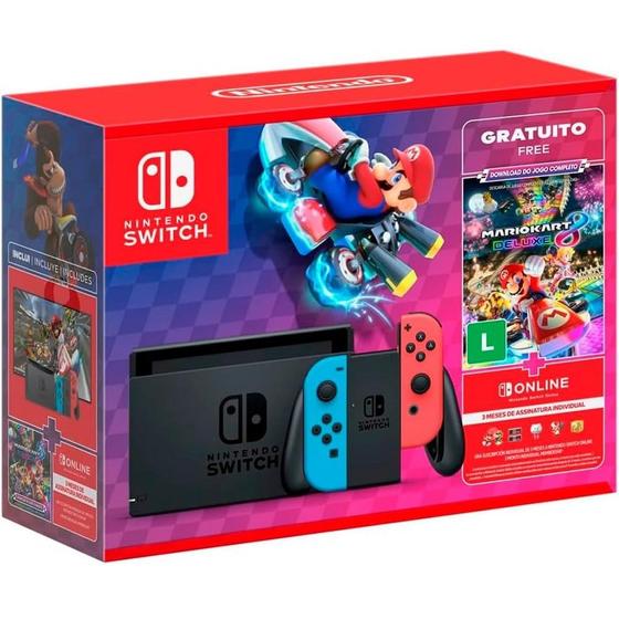Console Nintendo Switch V2 com 1 Controle Joy Con vermelho e Azul Mario Kart 8 download completo 3 Meses Assinatura HDBSKABSA NINTENDO