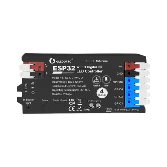 Imagem de Controlador WLED ESP32 Para Casa Inteligente 15A Fusível 5-24V UART Tipo-C 4 Saídas PC Retardante De