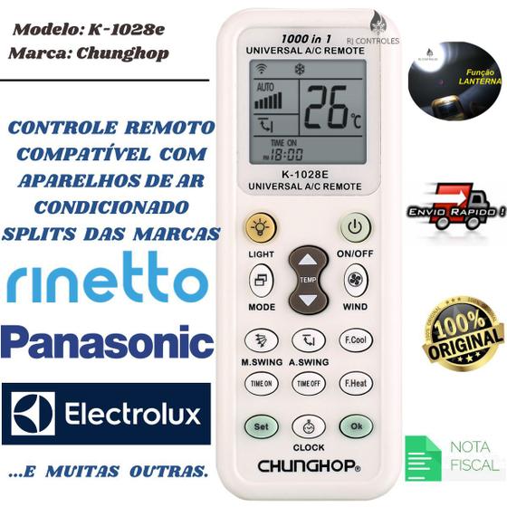 Imagem de Controle Remoto Universal K-1028e para Ar Condicionado Electrolux Rinetto Panasonic e muitas outras marcas