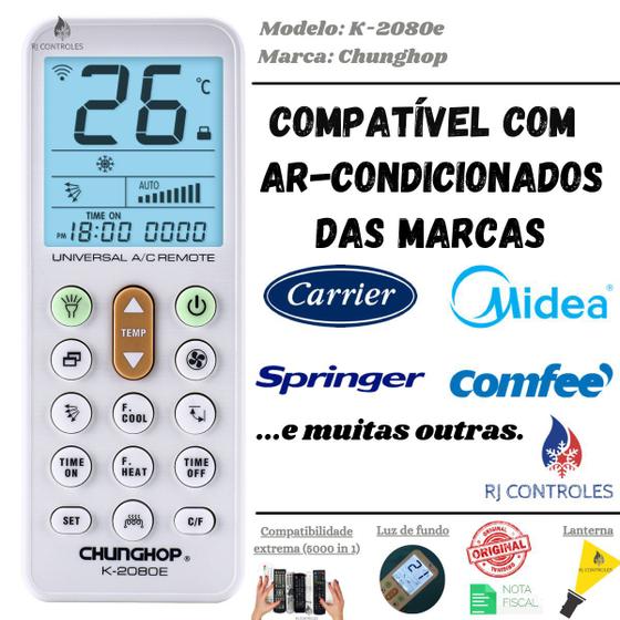 Controle Remoto Universal K-2080e compatível com Ar Condicionado Carrier Comfee Midea Springer Toshiba e muitas outras marcas Menor preço em Controle Remoto Universal K-2080e compatível com Ar Condicionado Carrier Comfee Midea Springer Toshiba e muitas outras marcas