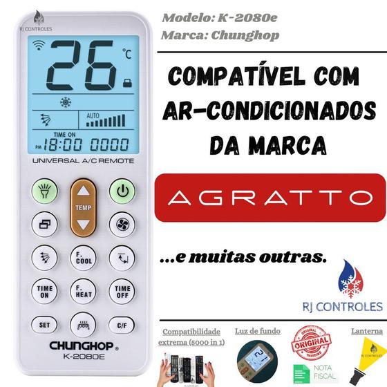 Imagem de Controle Remoto Universal K-2080e para Ar Condicionado Agratto e muitas outras marcas