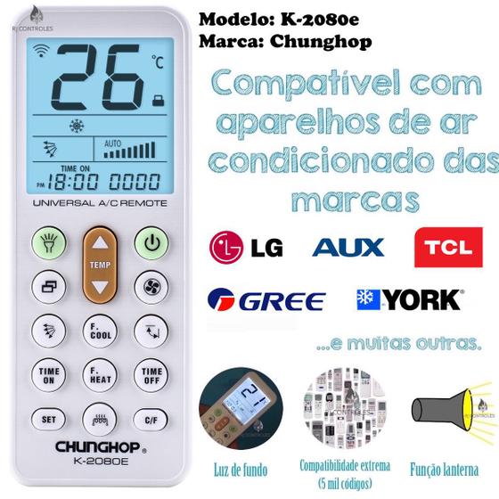 Imagem de Controle Remoto Universal K-2080e para ar condicionado Artel Aux Gree Hisense TCL York e muitas outras marcas