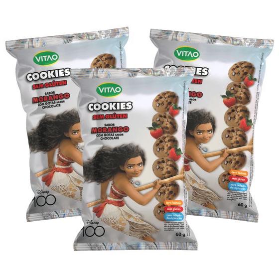 Imagem de Cookies Sem Glúten, Açúcar e Vegano Disney Morango com Gotas Chocolate Vitao contendo 3 pacotes de 60g cada