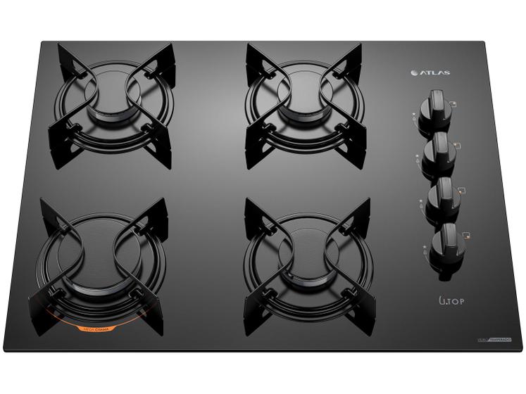 Cooktop 4 Bocas a Gás GLP Atlas Preto U Top Menor preço em Cooktop 4 Bocas a Gás GLP Atlas Preto U Top
