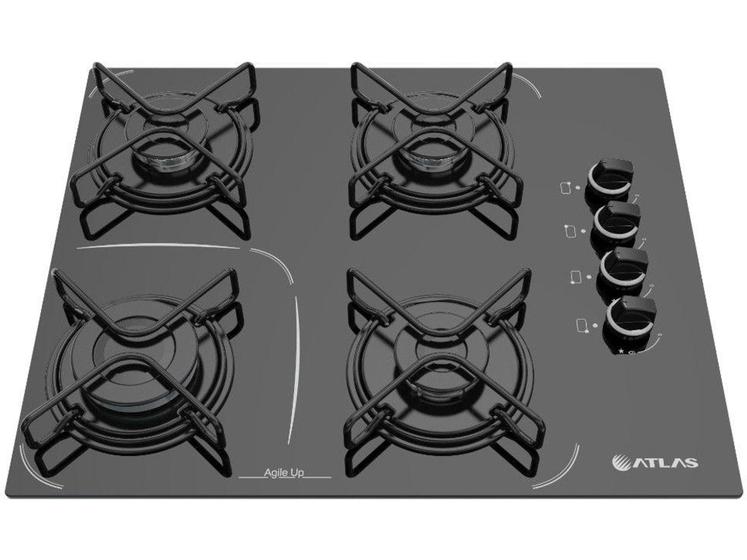 Cooktop 4 Bocas Atlas a Gás GLP Vitrocerâmico Preto Agile Up Glass