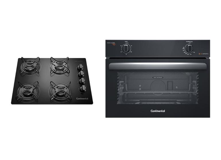 Cooktop 4 Bocas Continental a Gás de Vidro Temperado Preto + Forno de