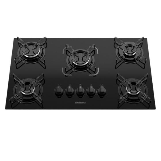 Imagem de Cooktop 5 Bocas à Gás Itatiaia Essencial Tripla Chama Fogão Preto de Vidro 127V/220V Bivolt