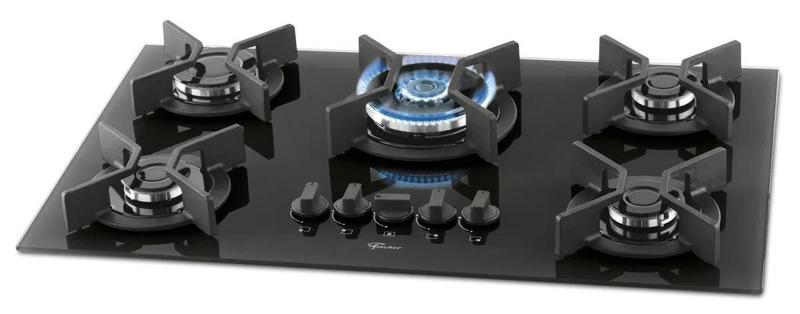 Cooktop 5 Bocas Preto Bivolt à Gás Fischer Com Grades Individuais em Ferro Fundido - Mesa de Vidro Temperado Preta de Alta Qualidade Menor preço em Cooktop 5 Bocas Preto Bivolt à Gás Fischer Com Grades Individuais em Ferro Fundido - Mesa de Vidro Temperado Preta de Alta Qualidade