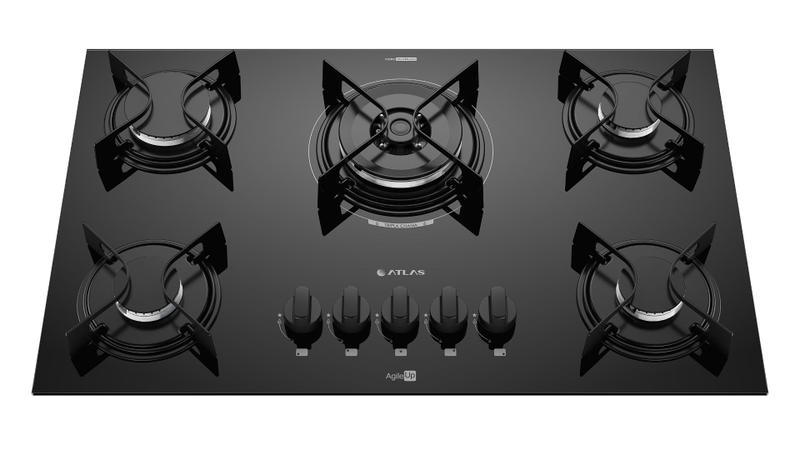 Imagem de Cooktop 5 Bocas Preto com Mesa de Vidro e Tripla Chama Atlas Agile Up Bivolt