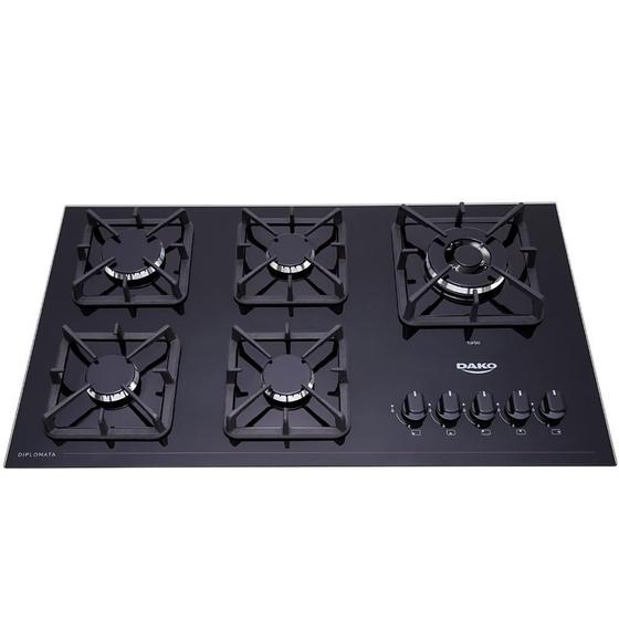 Cooktop a Gás 5 Bocas Preto com Mesa de Vidro e Tripla Chama Dako